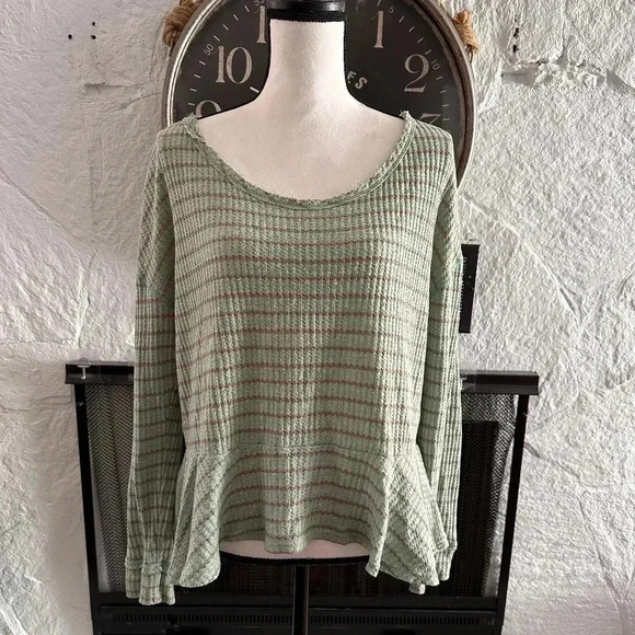 Free People Tops - Free People We the Free Green Striped Waffle Knit Peplum Top size Medium